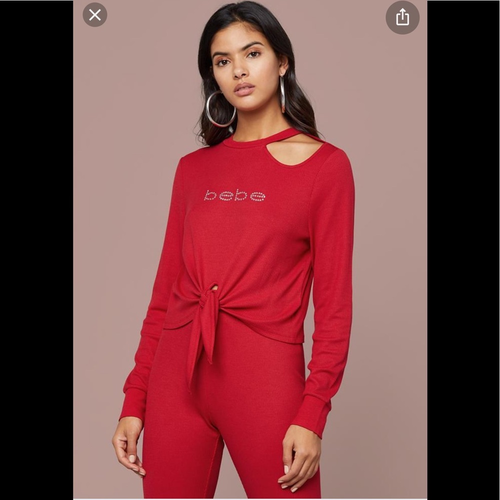 Bebe Logo Thermal Tie Waist Top Cherry Red Size L